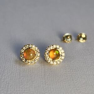 VTG 18K / 925 Natural 'Galinieri' Fire Opal .85cts & Zircon Stud Earrings